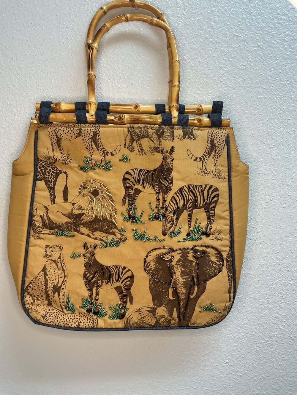 Jade African Safari Animals Tapestry Tote Bag with Bamboo Handles